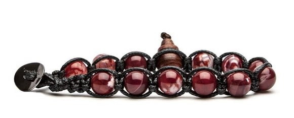 Bracciale originale tibetano Tamashii realizzato con pietre naturali AGATA ROSSO SCURO su base di corda colore NERO.